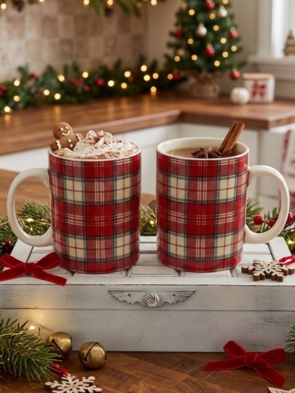 Pottery Barn Red Plaid Flannel Winter Christmas Ceramic Coffee Mugs - Pair